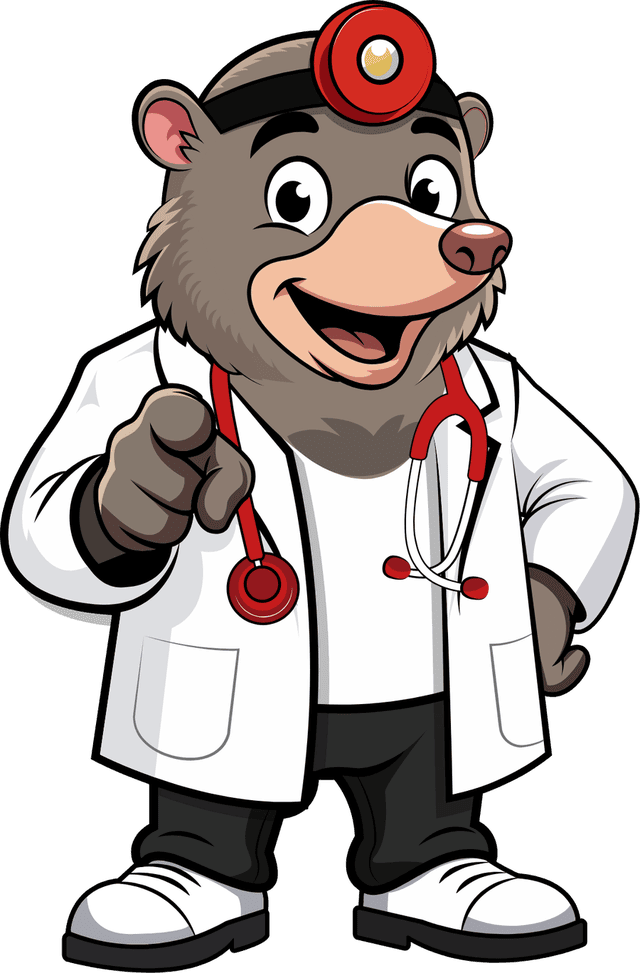 Crawl Space Doctors bear mascot in a doctor's coat pointing at you