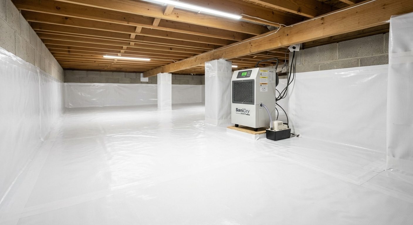Encapsulated crawl space with a commercial dehumidifier
