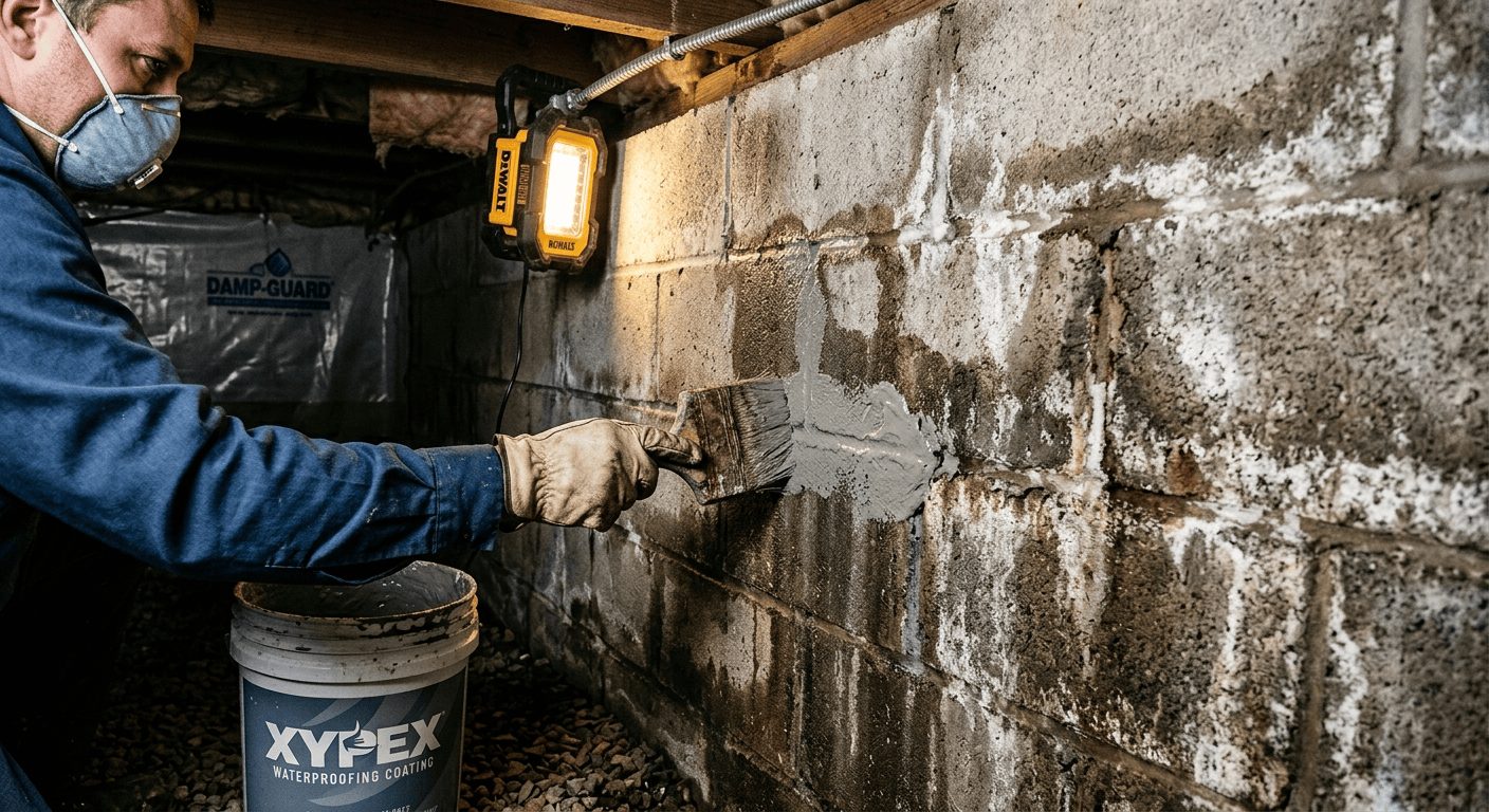 Crawl Space Doctors technician applying waterproofing coating to a foundation wall