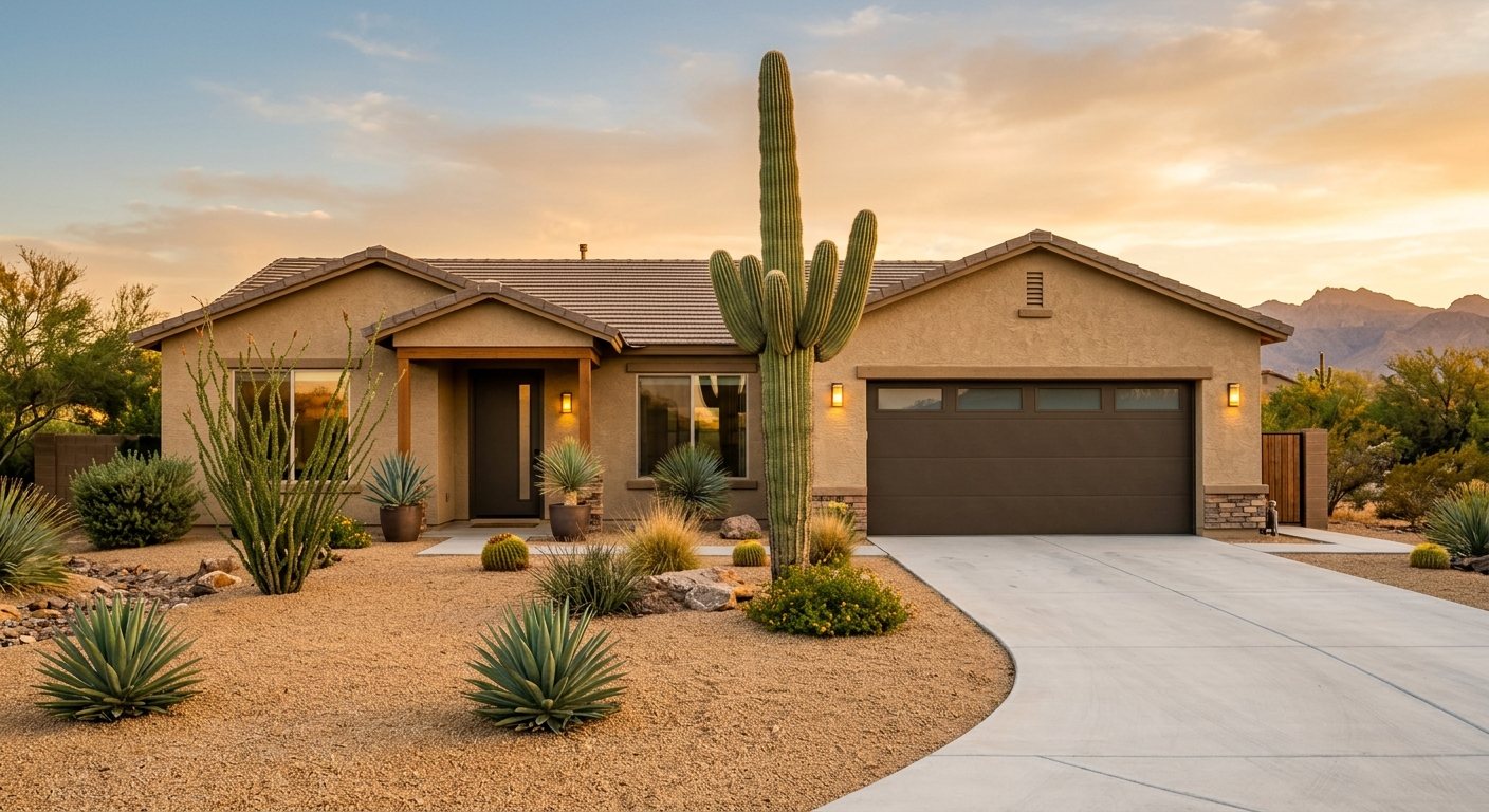 Modern bronze flush-panel garage door on a Phoenix stucco home, concept photo