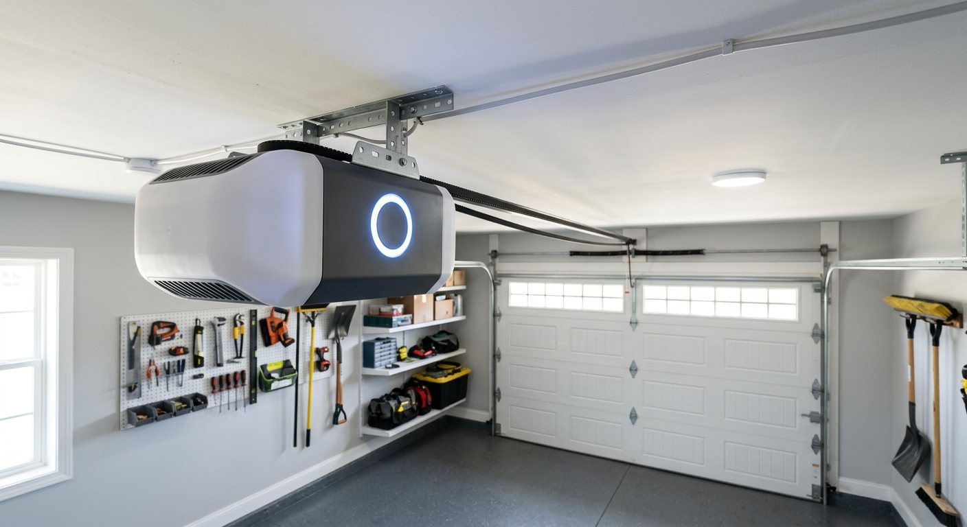 Smart belt-drive garage door opener installed on a garage ceiling, concept photo