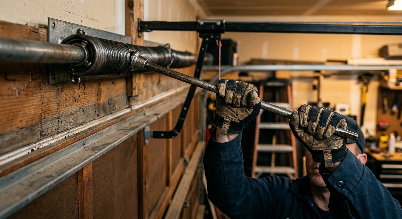 Replacing a garage door torsion spring with a winding bar
