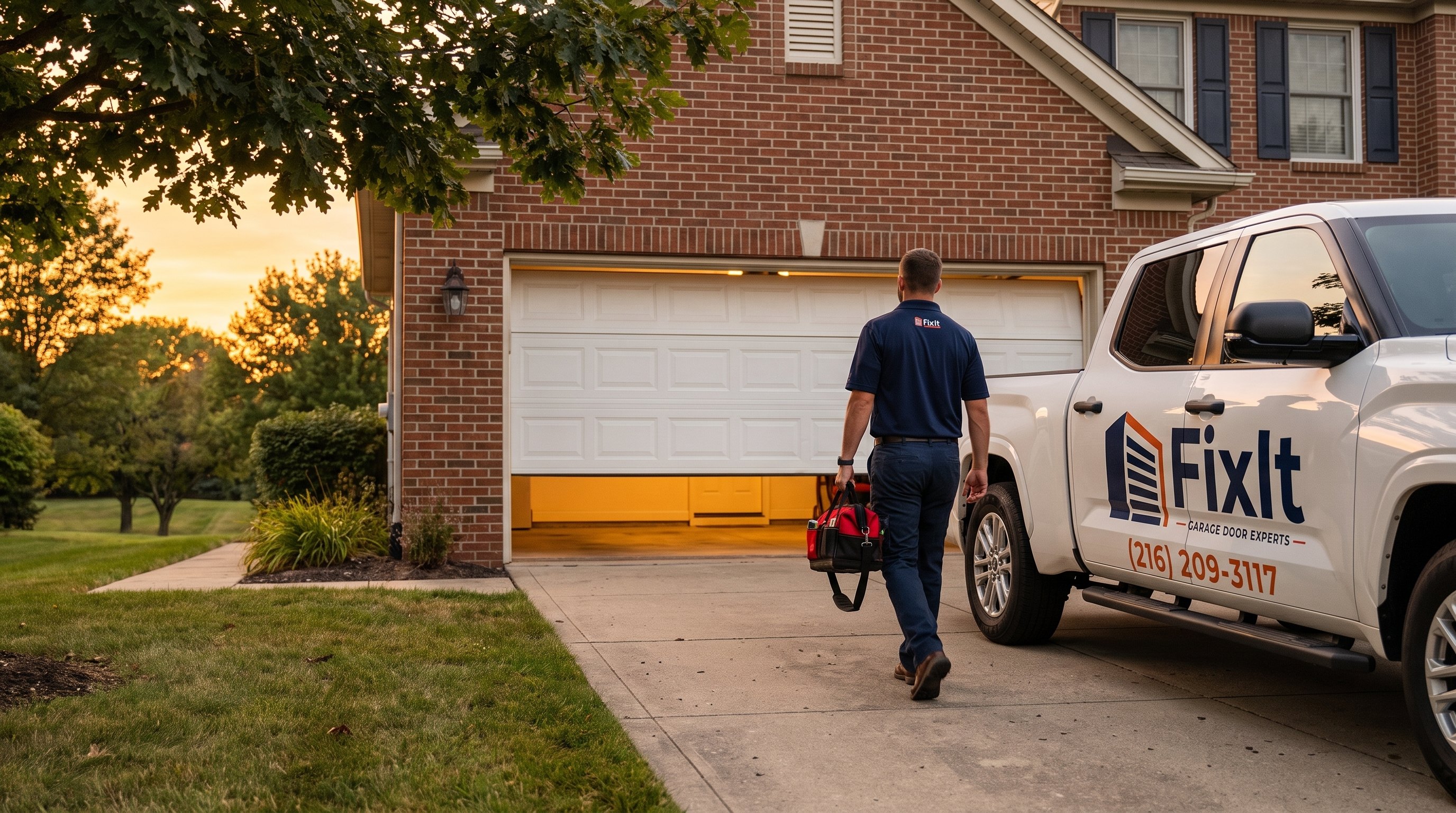 A FixIt technician walks toward a half-raised garage door at a Cleveland area home, FixIt service truck in the driveway