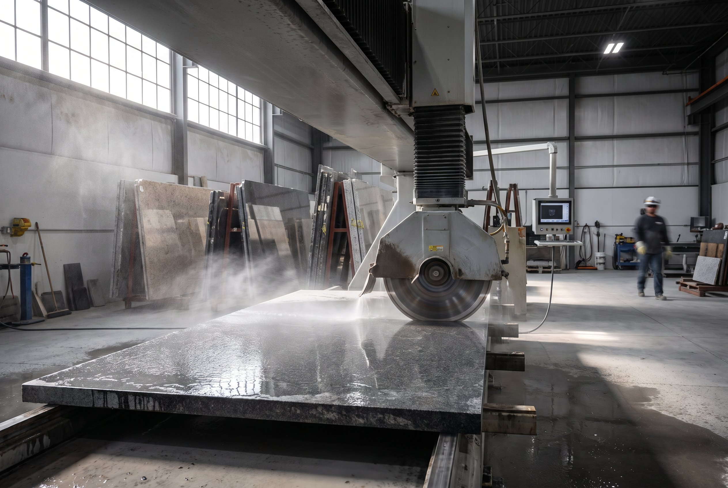 A CNC bridge saw cutting a granite slab with water spray in a stone fabrication shop