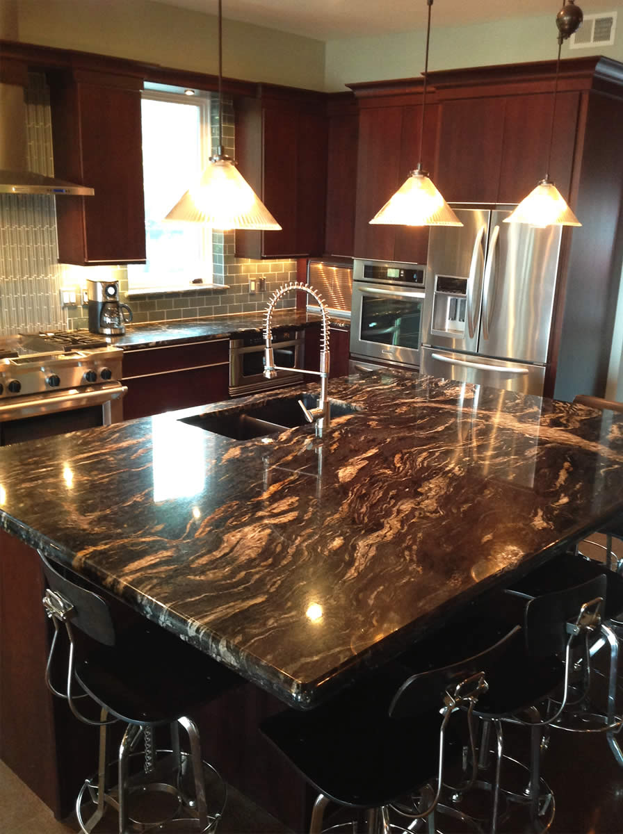 Dramatic red and black granite island
