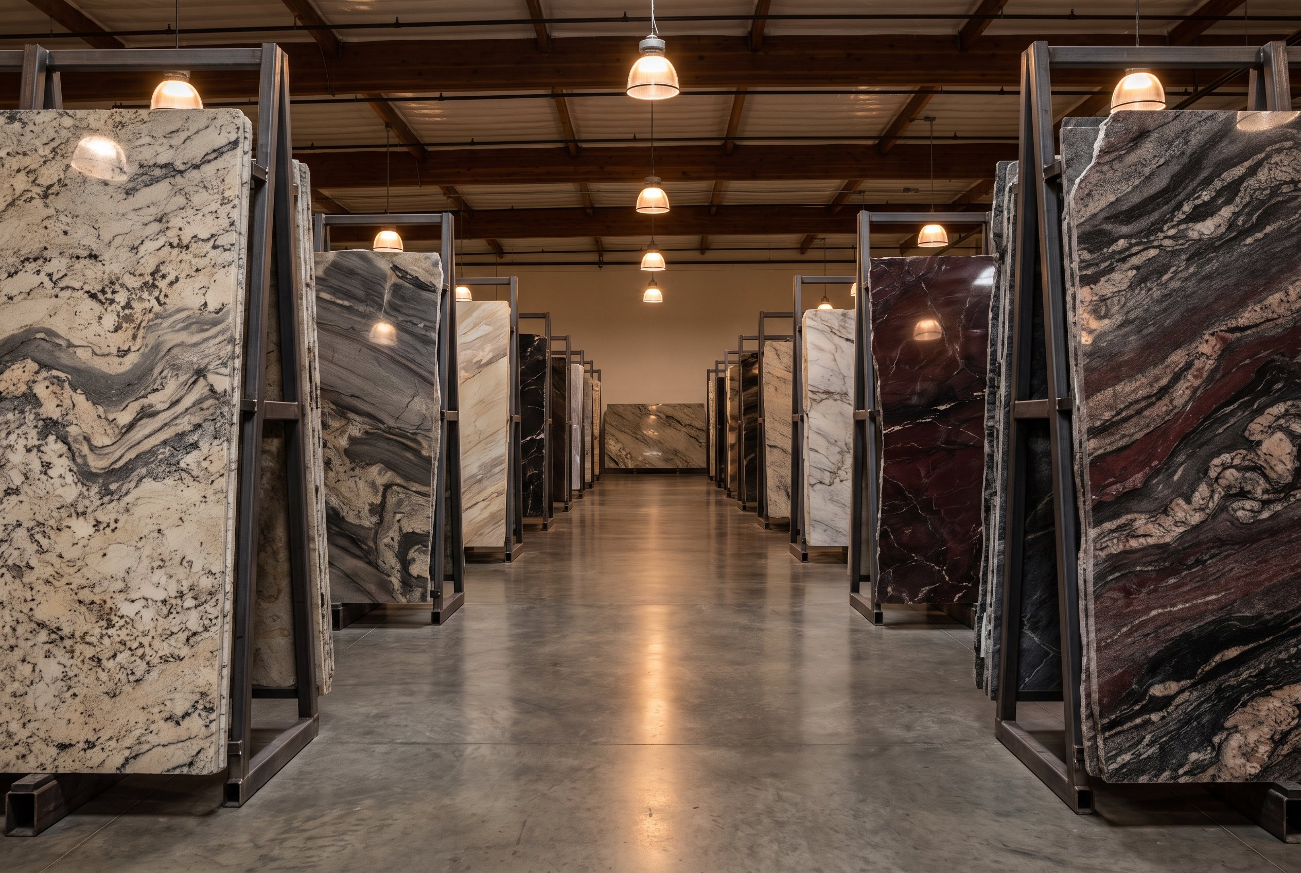 Rows of granite and natural stone slabs on racks