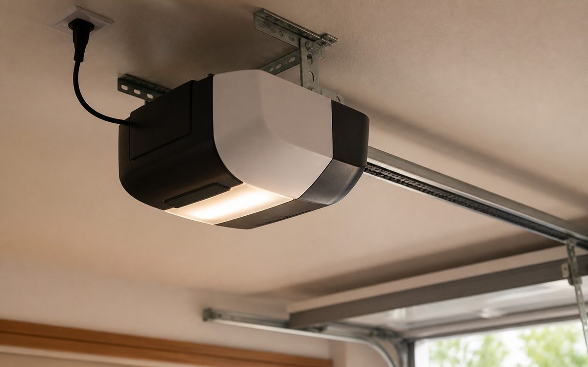 Modern smart garage door opener unit mounted to a garage ceiling