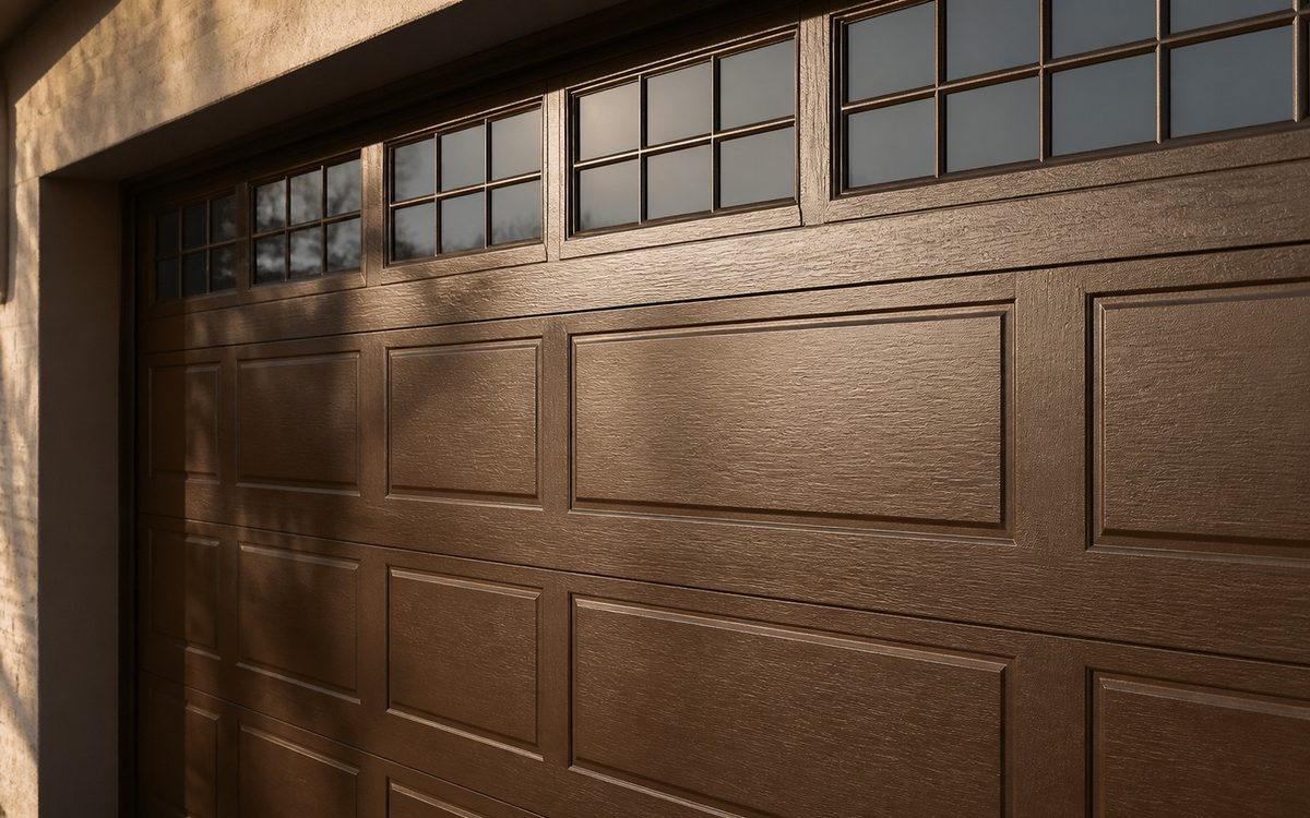 Close view of a garage door panel face showing the stamped texture and window row