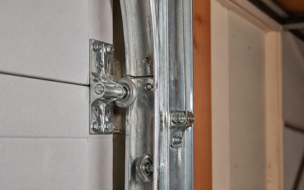 Garage door track and roller hardware being inspected