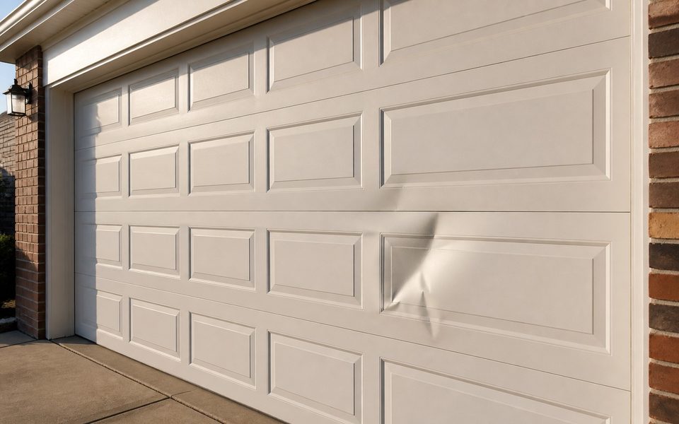 Dented panel on a residential garage door in need of panel replacement