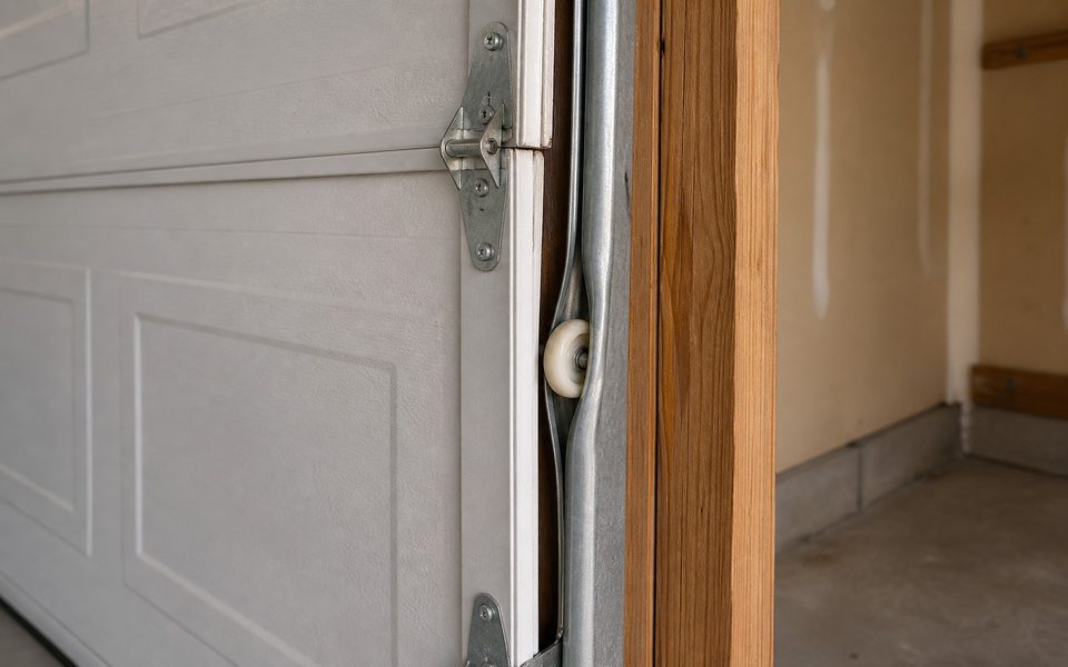 Garage door roller off its vertical track with the track bent out of line