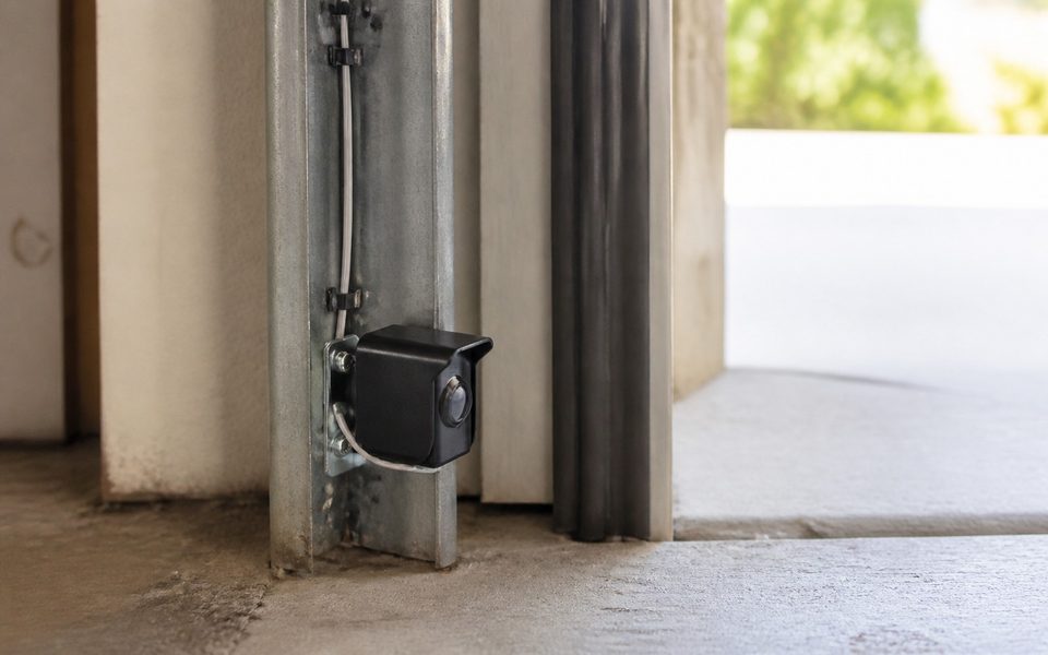 Garage door photo-eye safety sensor mounted low beside the track