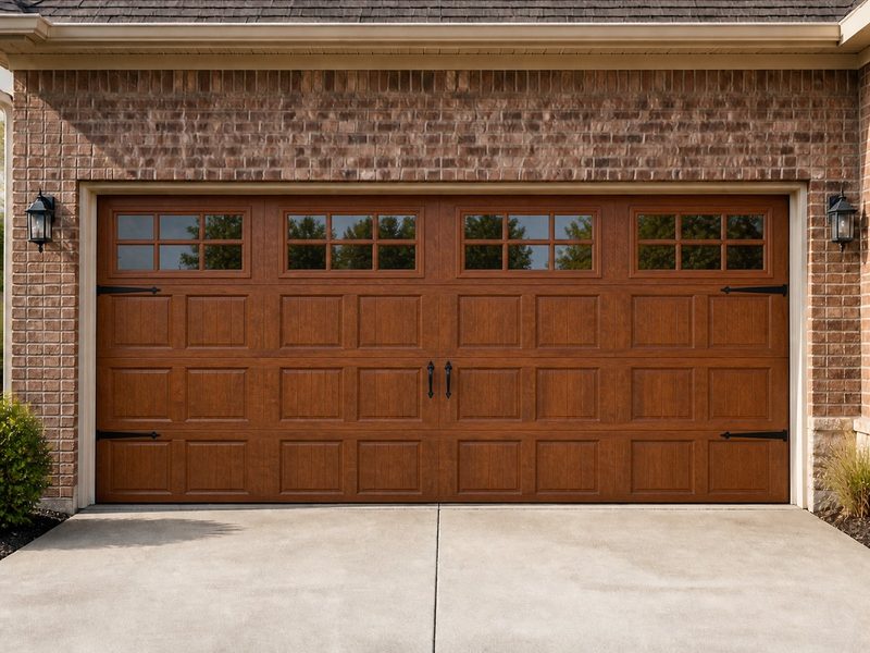 Wood-look carriage house garage door with windows and strap hinges