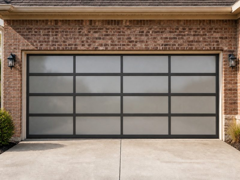 Full-view aluminium and frosted glass garage door on a brick Texas home