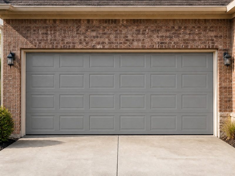Insulated grey raised short-panel steel garage door on a brick Texas home