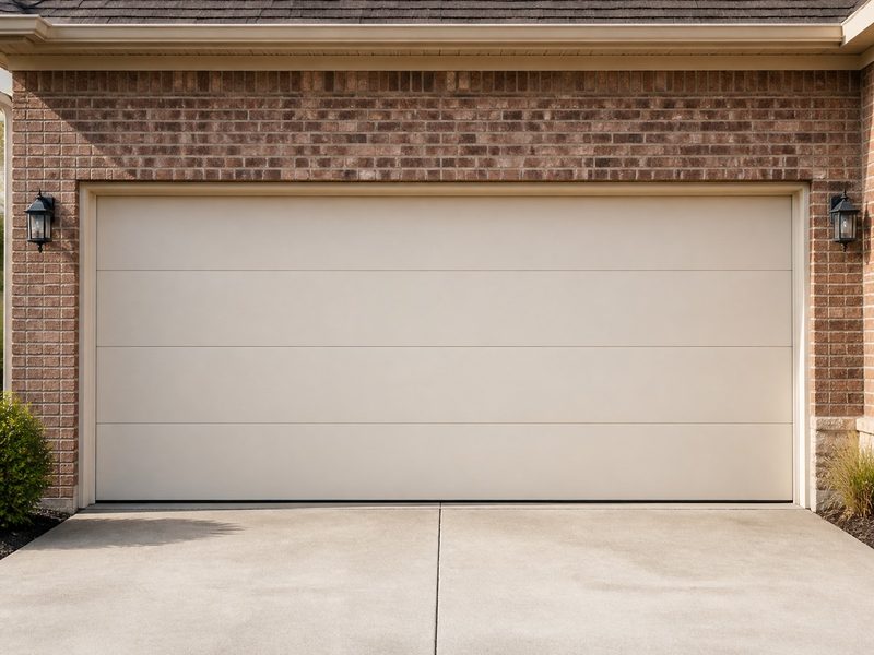 Plain long-panel steel garage door in almond on a brick Texas home