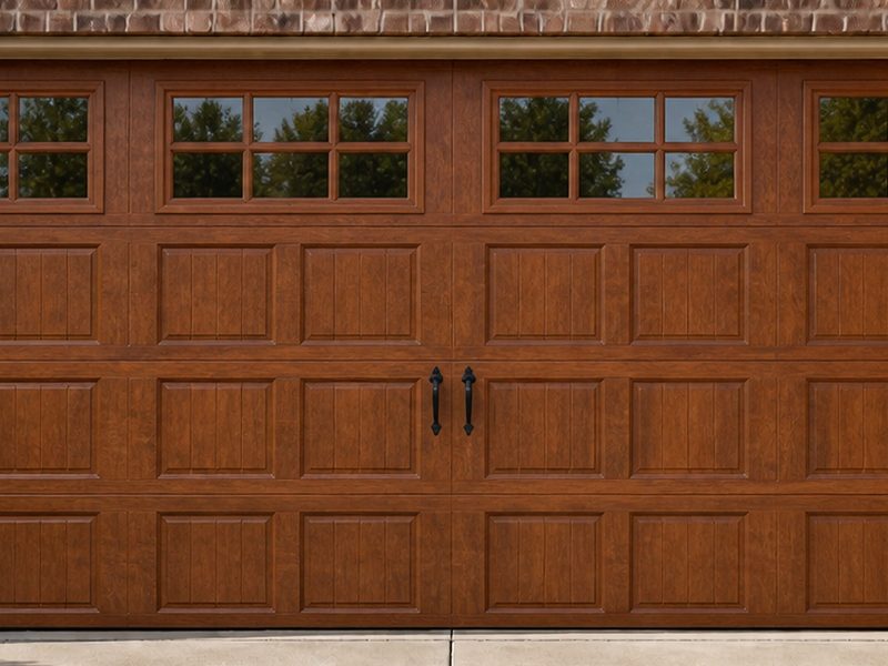 Close view of the top window row and decorative hardware on a carriage house door