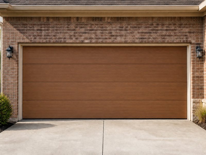 Wood composite garage door with visible grain on a brick Texas home