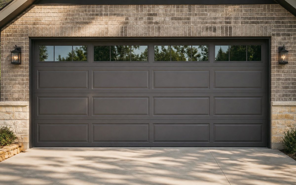 New insulated steel garage door installed on a Texas brick home