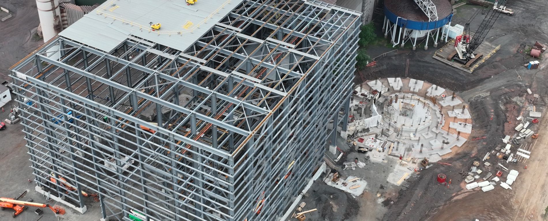 Aerial view of Lakehead Constructors structural steel erection on an Iron Range project site