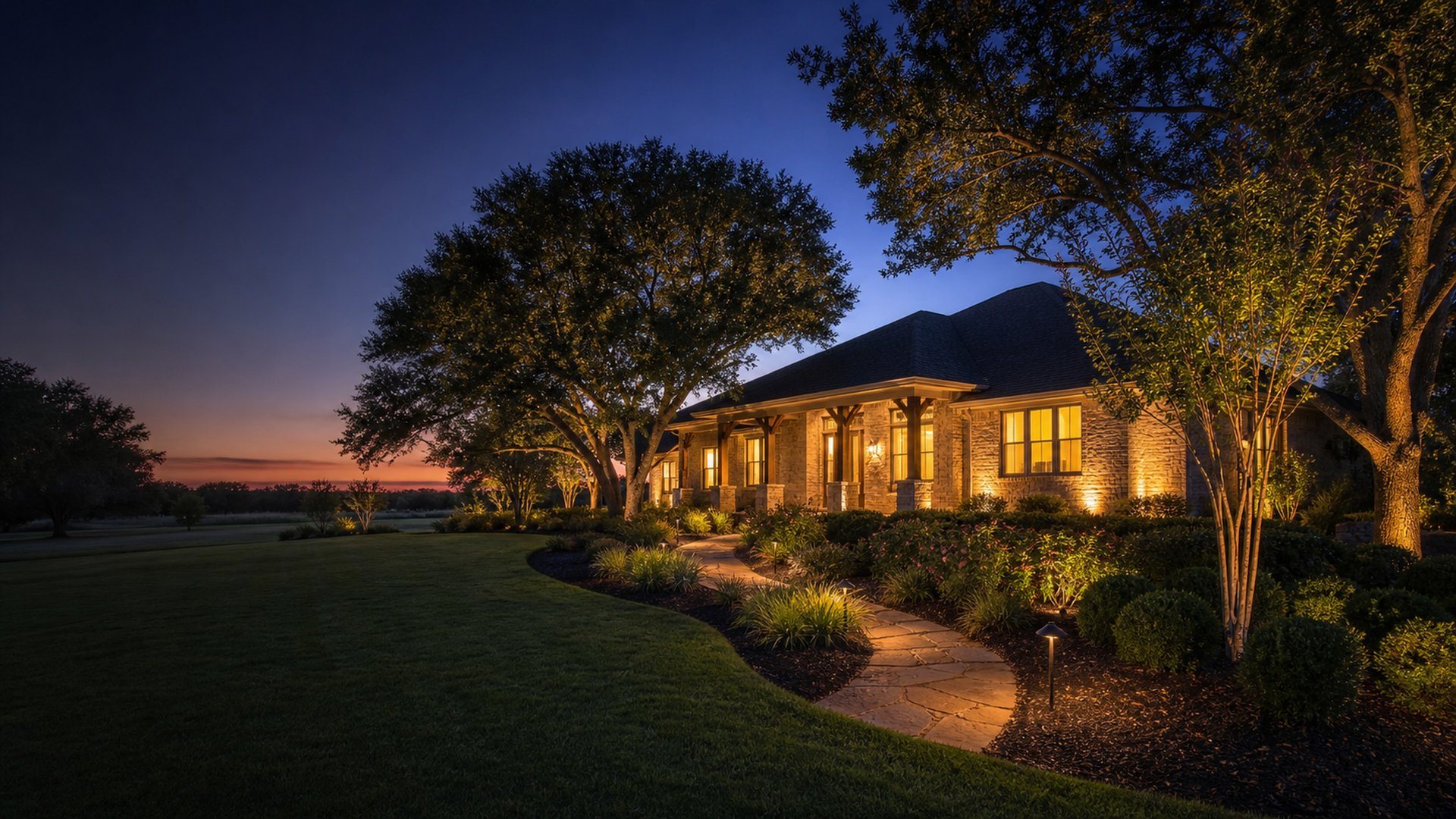 A Texas brick home at dusk with warm landscape uplighting on the facade and trees, a flagstone walk, path lights, and a freshly edged lawn