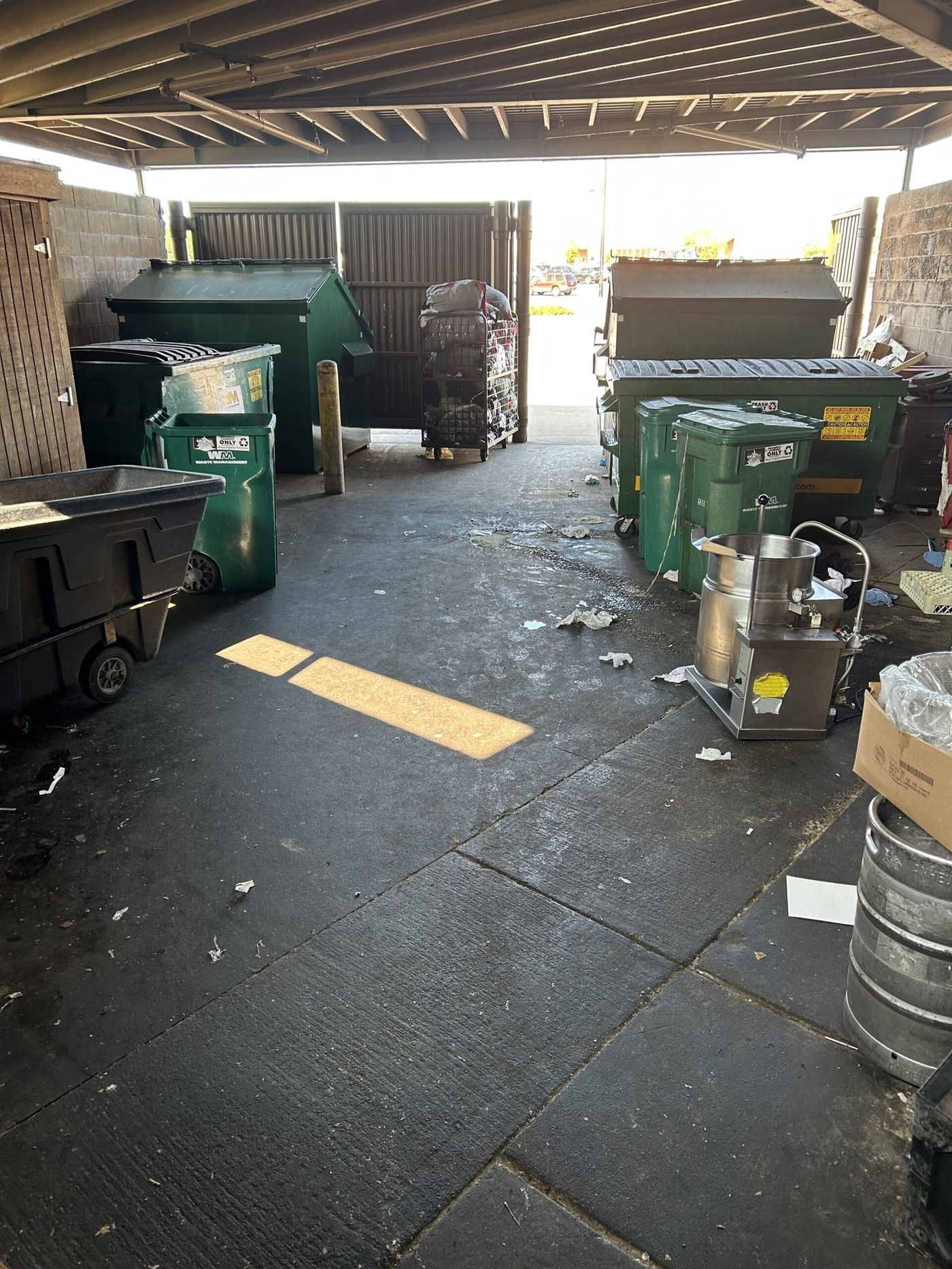 Commercial dumpster corral before cleaning