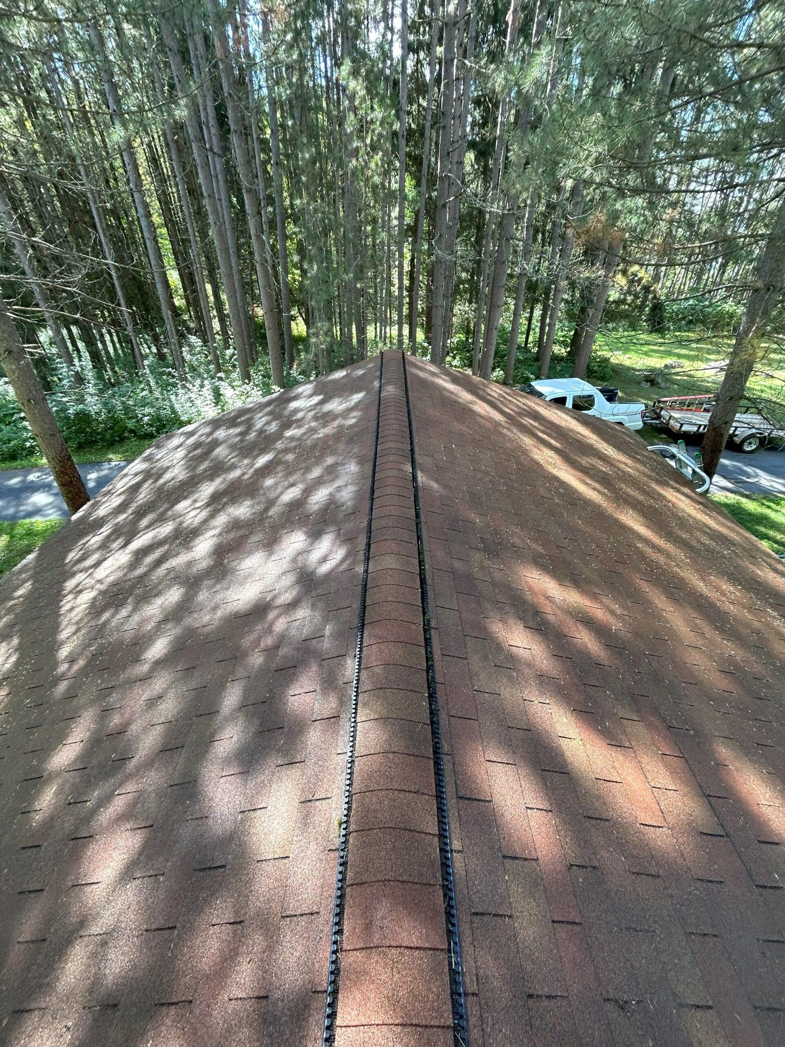 Same shingle roof after soft washing, clean shingles