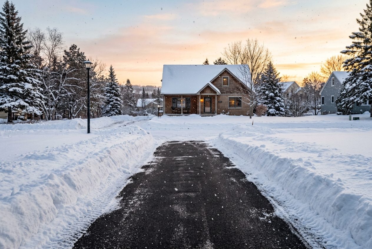 Freshly cleared residential driveway in a snowy Duluth neighborhood