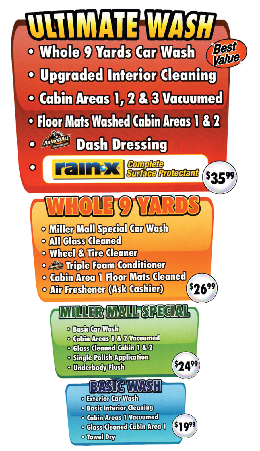 The real Miller Mall Car Wash pricing board, posted in-store
