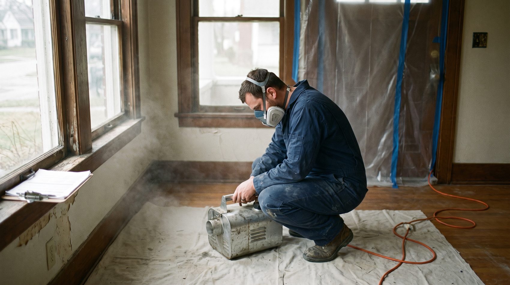 Technician preparing dry fog treatment under containment