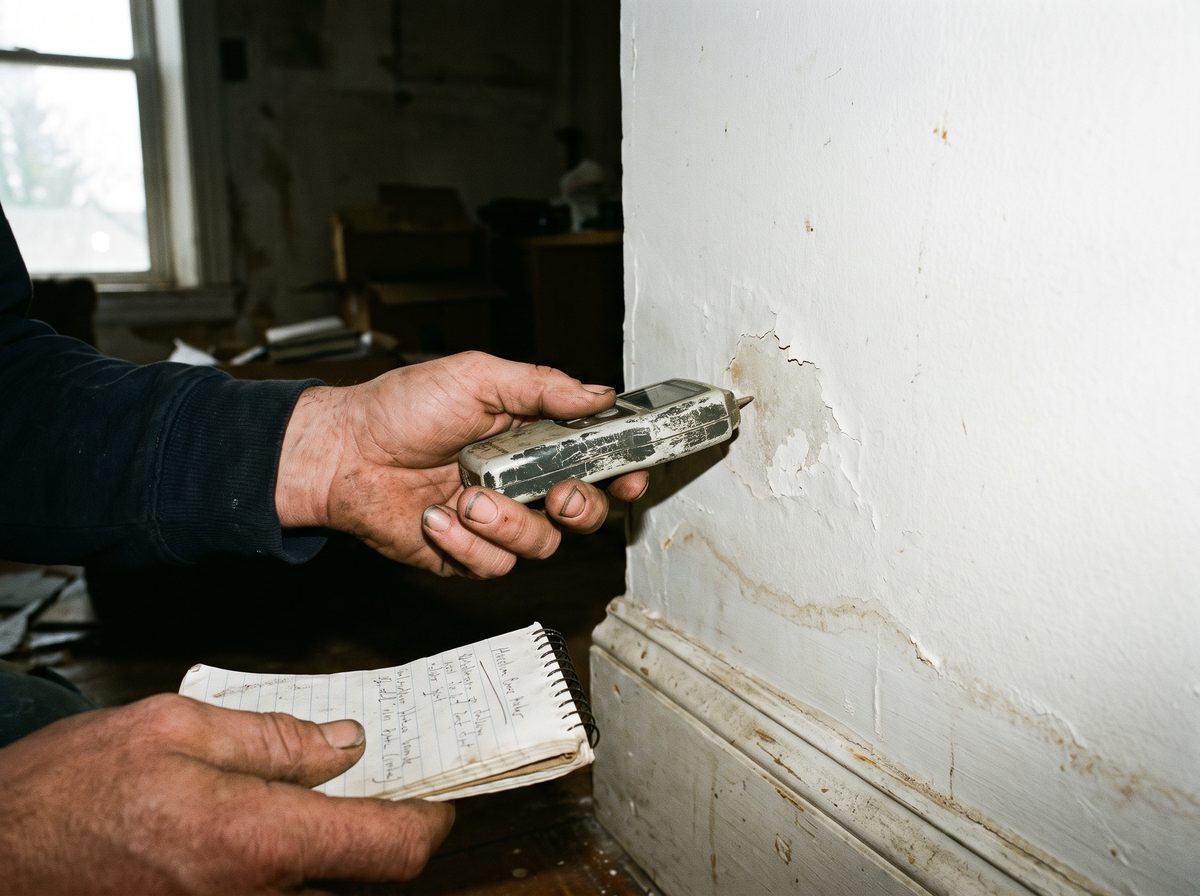 Moisture meter reading on a water damaged wall