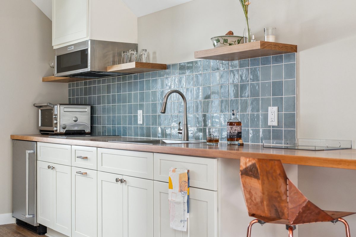 Kitchen with blue tile backsplash, Wells Street, Ann Arbor