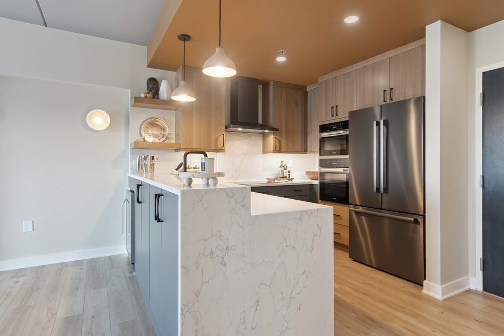 Custom kitchen remodel with waterfall island in Ann Arbor