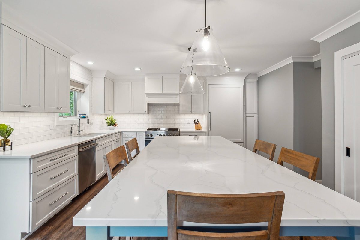 White kitchen with oversized island, Ann Arbor MI