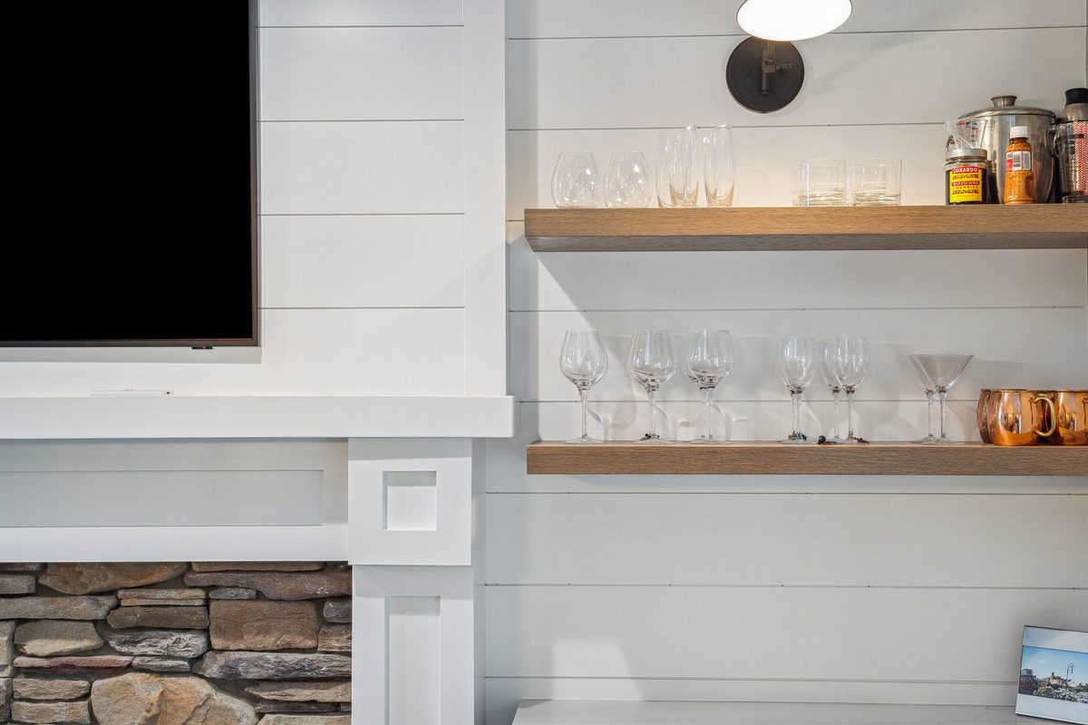 Shiplap fireplace with floating shelves, Ann Arbor MI