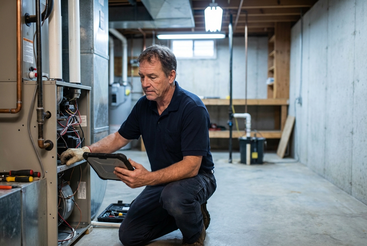 Northland Air technician running a diagnostic in a Duluth-area home