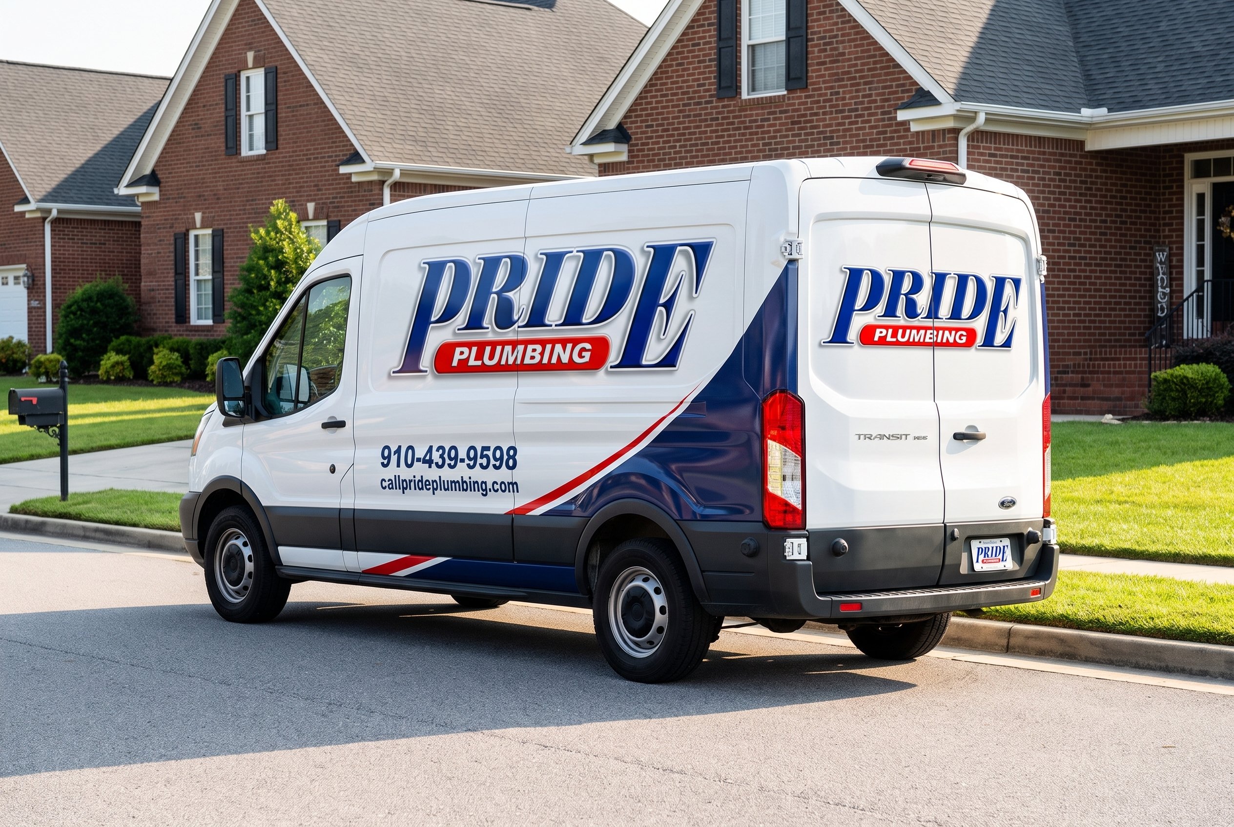 Pride Plumbing wrapped service van in a North Carolina neighborhood