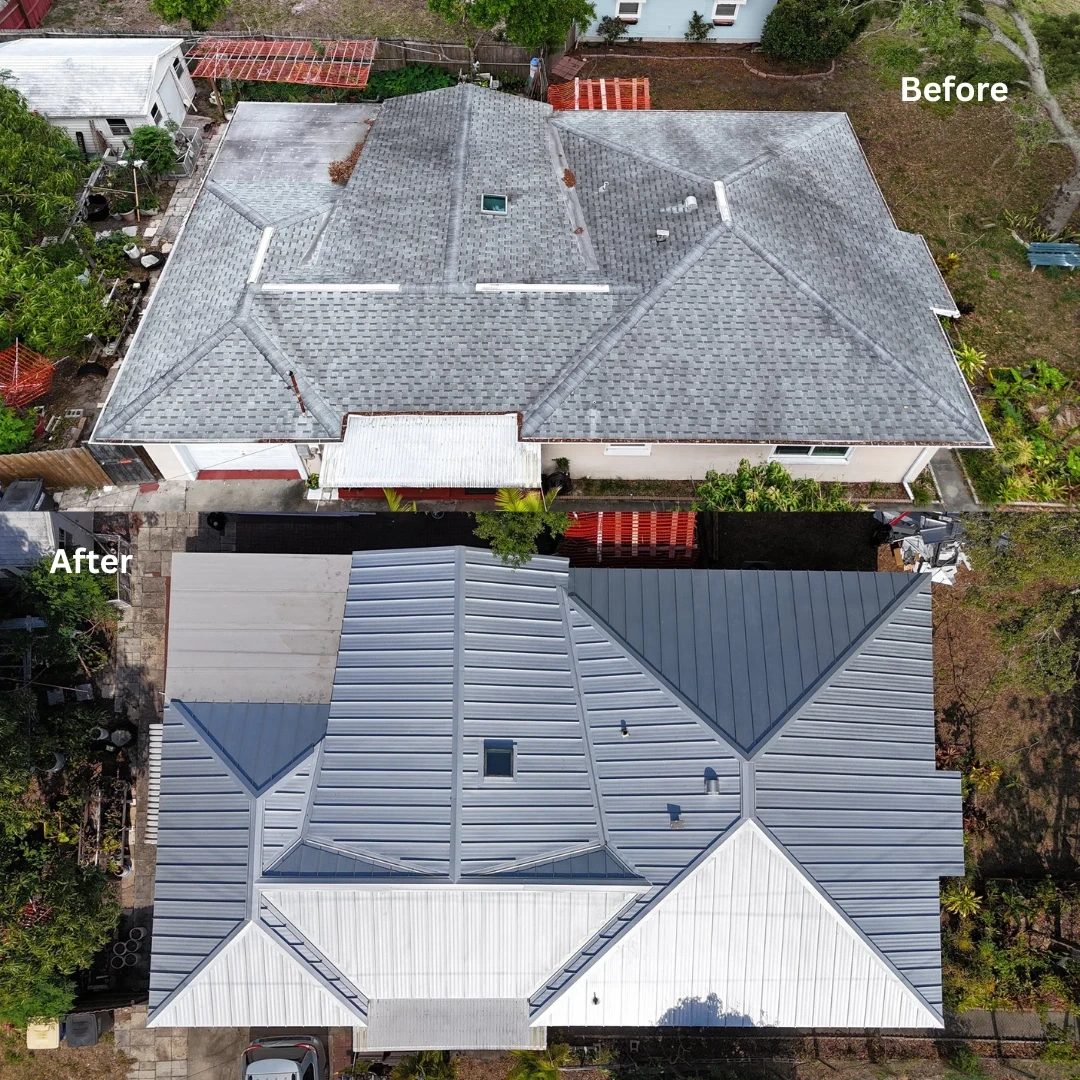 Before and after aerial view, shingle roof replaced with standing seam metal