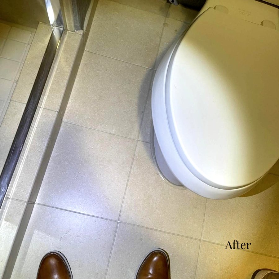 A restored hotel bathroom tile floor