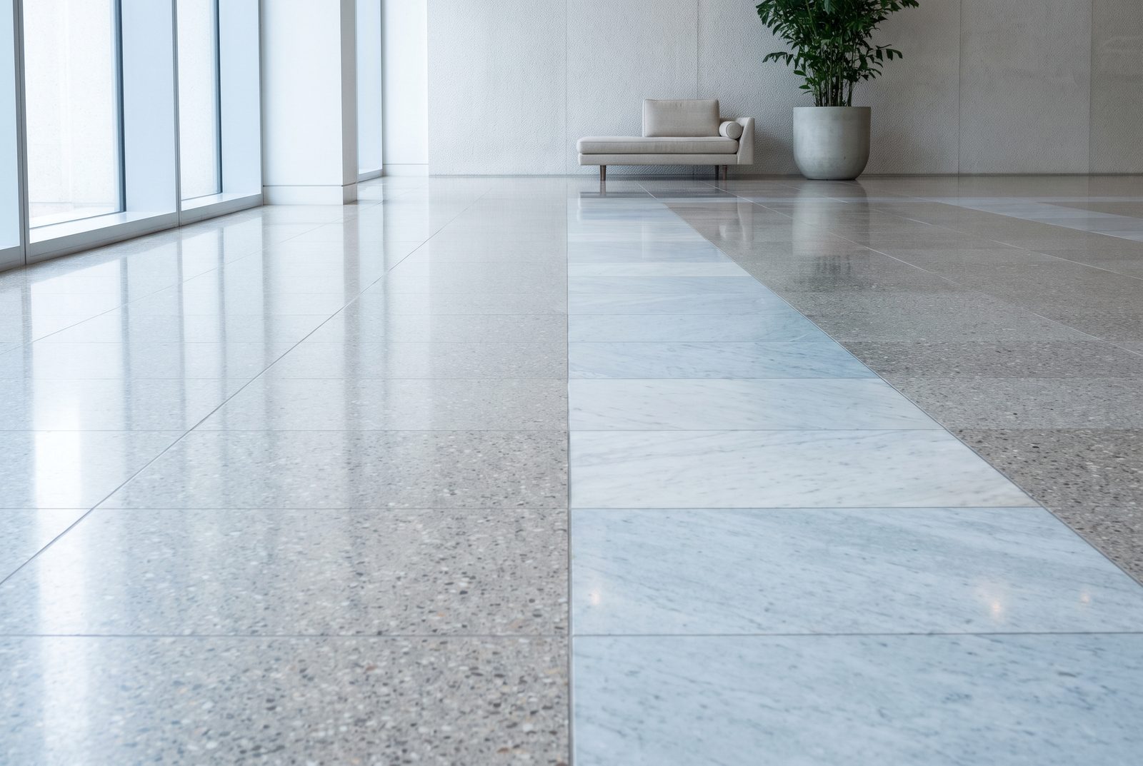 Polished stone flooring in a hotel lobby