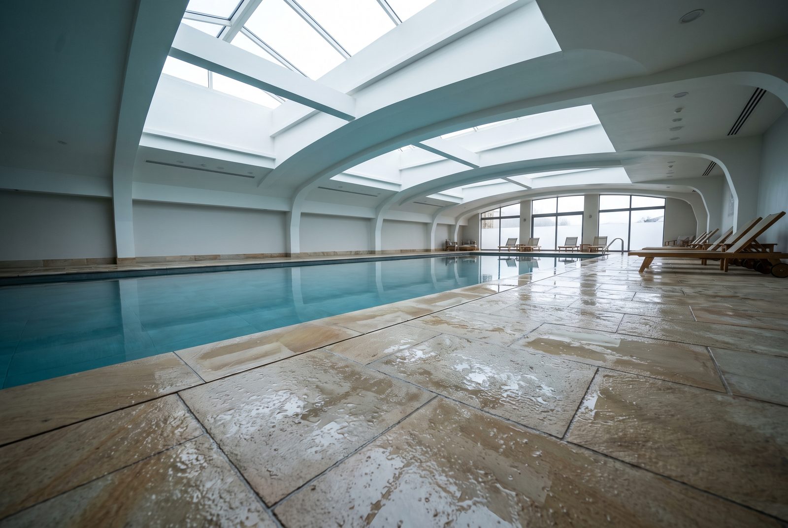 A wet hotel pool deck with light reflecting off the stone tile