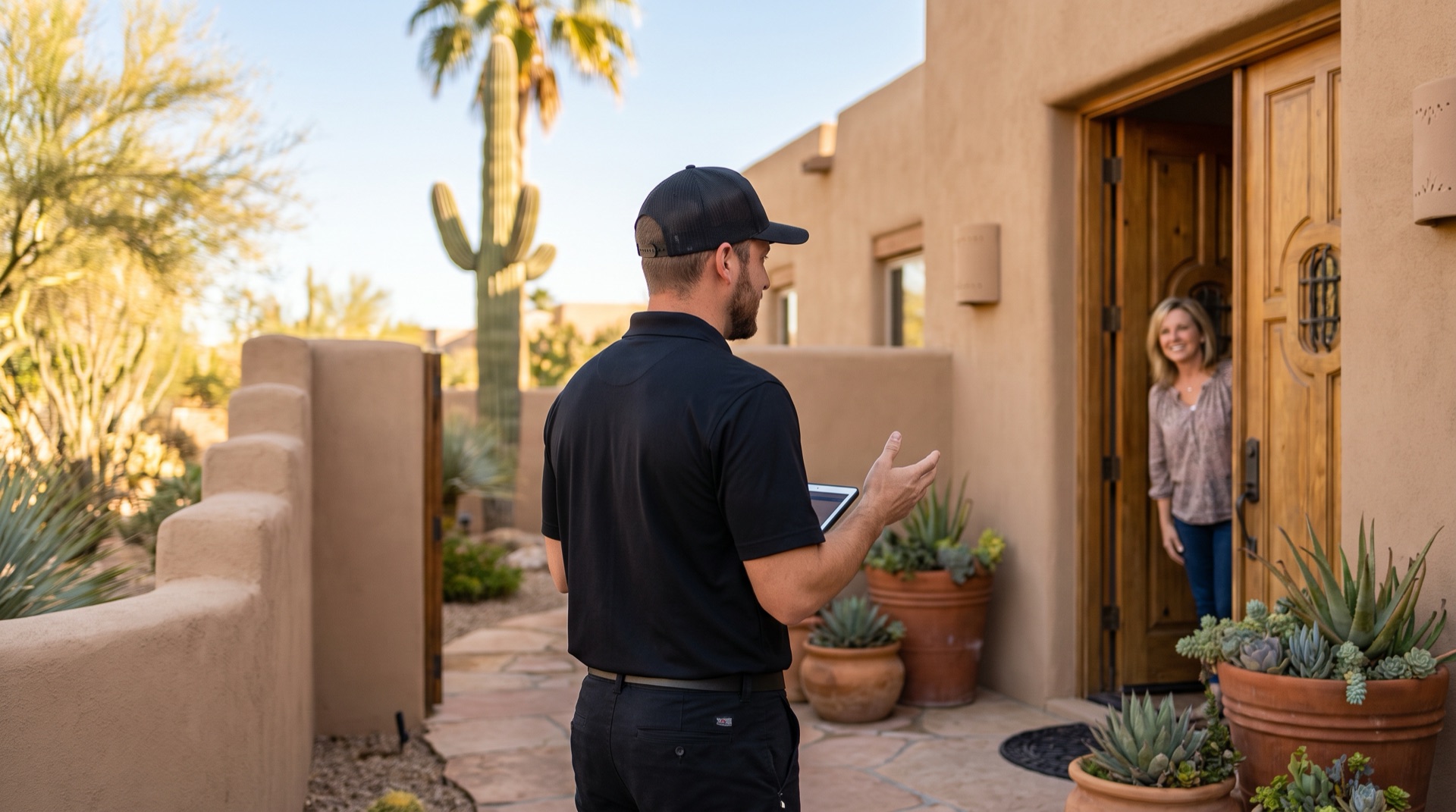 Savvy Systems technician greeting a homeowner at the door of a Phoenix home