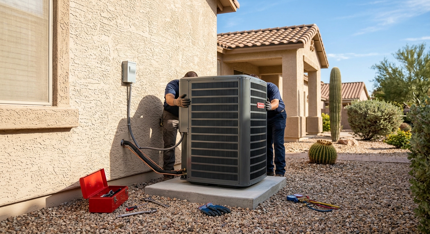 New outdoor AC condenser unit being installed at a Phoenix home