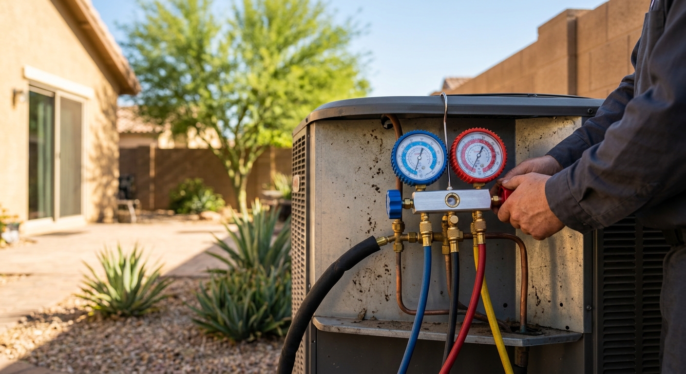 Refrigerant gauges on an AC during a maintenance visit