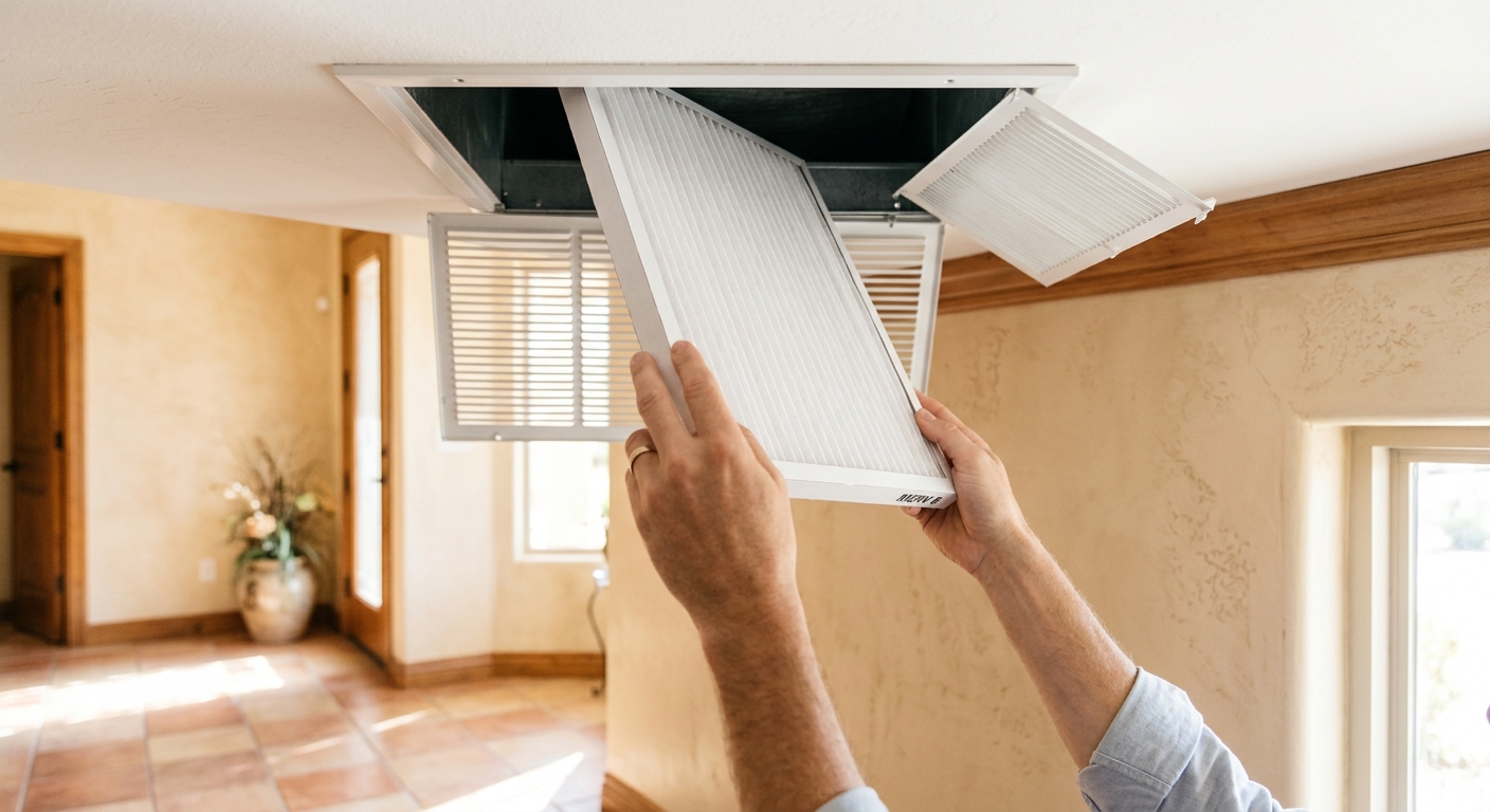 A clean air filter being installed in a home vent