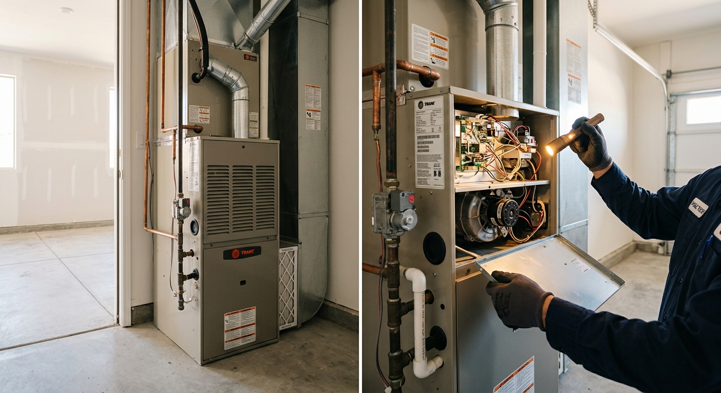 Technician inspecting a residential gas furnace and air handler