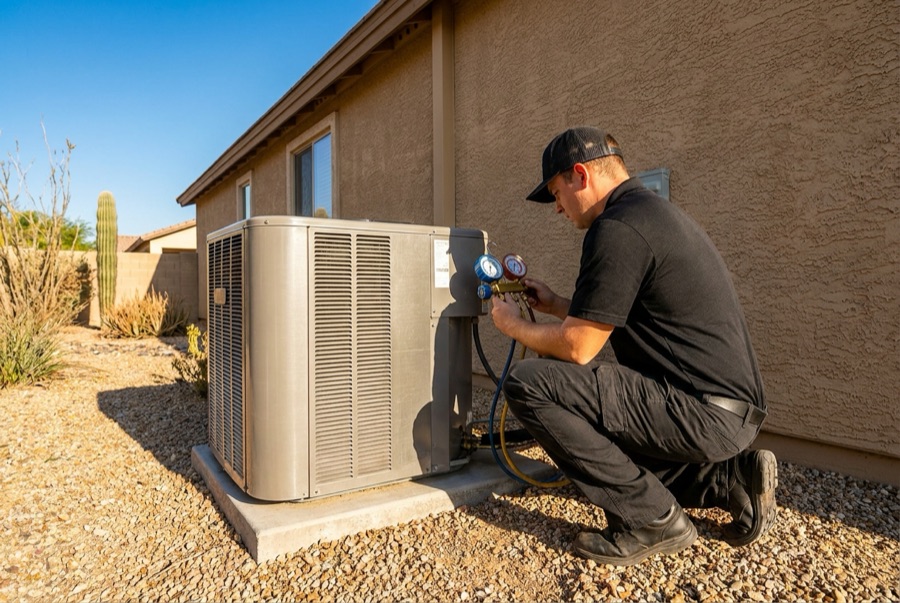 Technician checking refrigerant on an AC condenser beside a Phoenix stucco home