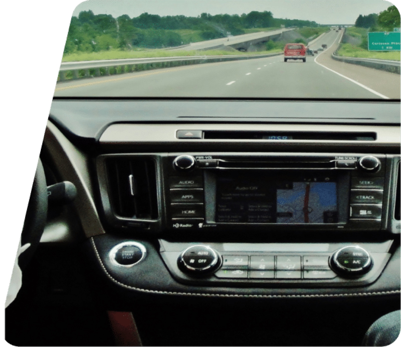Lane departure warning camera view through a windshield