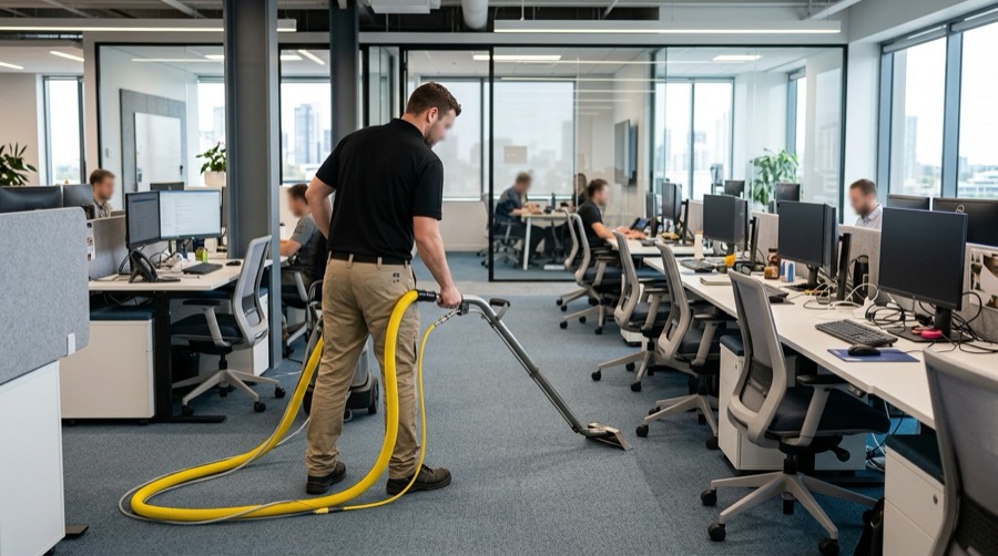 Technician cleaning carpet in an open-plan commercial office