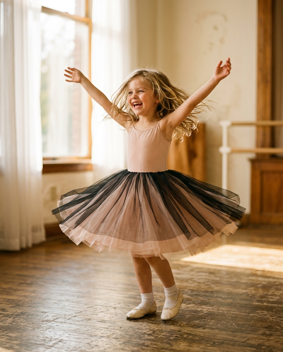 A young child delighting in her first dance class